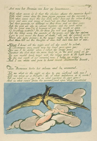"ولا أحد غير برومان يمكن أن يسمع ..." ، اللوحة 6 من "رؤى بنات ألبيون" ، 1793 (نقش بارز مطبوع باللون الأخضر مع مرحاض) بواسطة وليام بليك